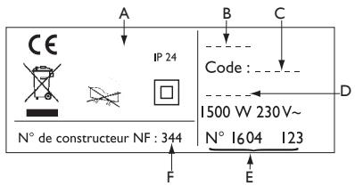 CE IP 24 Code : - 1500 W 230 V~ N° de constructeur NF : 344 N° 1604 123 F E D
