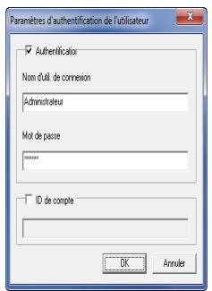 Paramètres d'authentication de l'utilisateur Authenticator Nom d'util de connexion Administrateur Mot de passe ID de compte OK Annuler