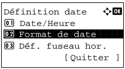 Définition date 01 Date/Heure 02 Format de date 03 Déf. fuseau hor. [ Quitter ]