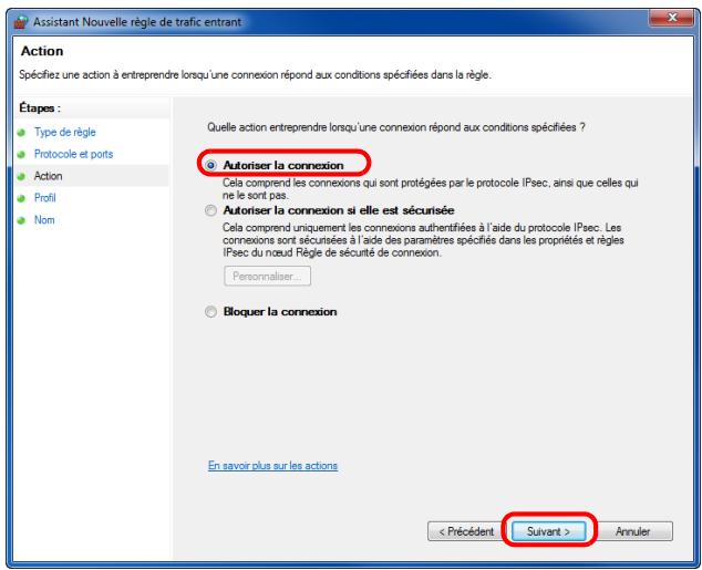 Assistant Nouvelle règle de trafic entrant Action Spécifiez une action à entreprendre lorsqu'une connexion répond aux conditions spécifiées dans la règle. Étapes : Type de règle Protocole et ports Action Profil Nom Quelle action entreprendre lorsqu'une connexion répond aux conditions spécifiées ? Autoriser la connexion Cela comprend les connexions qui sont protégées par le protocole IPsec, ainsi que celles qui ne le sont pas. Autoriser la connexion si elle est sécurisée Cela comprend uniquement les connexions authentifiées à l'aide du protocole IPsec. Les connexions sont sécurisées à l'aide des paramètres spécifiés dans les propriétés et règles IPsec du noaud Règle de sécurité de connexion. Personnaliser... Bloquer la connexion En savoir plus sur les actions < Précédent > Suivant > Annuler