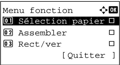 Menu fonction 01 Sélection papier □ 02 Assembler □ 03 Rect/ver □ [ Quitter ]