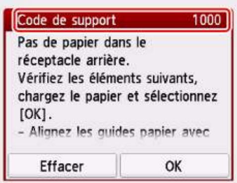 Code de support 1000 Pas de papier dans le réceptacle arrière. Vérifiez les éléments suivants, chargez le papier et sélectionnez [OK]. - Alignez les guides papier avec Effacer OK