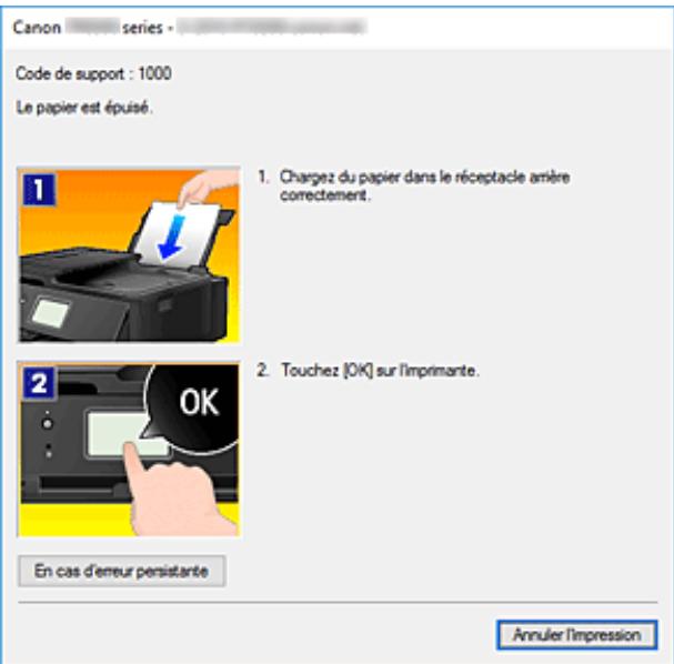 Canon series Code de support : 1000 Le papier est épuisé. 1. Chargez du papier dans le réceptacle amère correctement. 2. Touchez [OK] sur l'imprimante. En cas d'erreur persistante Annuler l'impression