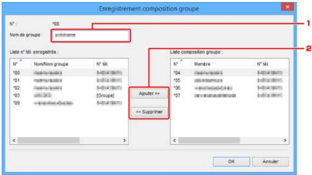 Enregistrement composition groupe N° : *08 Nom de groupe : prinkem Liste n° tél. enregistrés : N° Nom/Nom groupe N° tél. *00 re#r#m## [Groupe] *01 re#r#m## [Groupe] *02 re#r#m## [Groupe] *03 c### [Groupe] *09 +###### [Groupe] Ajuster >> << Supprimer Liste composition groupe : N° Membre N° tél *04 re#r#m## [Groupe] *05 re#r#m## [Groupe] *06 +###### [Groupe] *07 c# m###### [Groupe] << Supprimer OK Annuler
