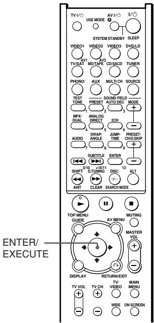 TV I/1 USE MODE AV I/1 I/1 SYSTEM STANDY SLEEP VIDEO1 VIDEO2 VIDEO3 DVD/LD AV1 AV2 MT-TAPE CD/SACD TUNER PHONO AUX MULTI CH SOURCE TEST TONE PRESSET SOUND FIELD AUTO DEC MODE MPX/DUAL ANALOG DIRECT 3CH SWAP ANGLE JUMP TIME PRESSET CHD.SKIP AUDIO SUBTITLE ENTER 0/10 >10/11 SHIFT D.TUNING DSIC 12 ALT ANT CLEAR SEARCH MODE TOP MENU/ GUIDE AV MENU MUTTING MASTER VOL DISPLAY RETURN EXIT TV VOL TV CH MAIN MENU WIDE ON SCREEN ENTER/ EXECUTE