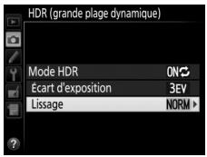 NIKON D5600 - Choisissez le degré de lissage. Pour définir le degré de lissage des limites entre les deux images, mettez en surbrillance Lissage et appuyez sur - 1