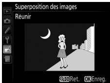 NIKON D5600 - Affichez l'aperçu de la superposition. Appuyez sur ou pour positionner le curseur dans la colonne Aperçu et appuyez sur ou pourmettre en surbrillance Réunir. Appuyez sur pour afficher un aperçu comme illustré à droite (seLECTIONnez Enreg. pour - 1