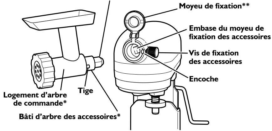 Moyeu de fixation** Embase du moyeu de fixation des accessoires Vis de fixation des accessoires Encoche Logement d'arbre de commande* Tige Bâti d'arbre des accessoires*