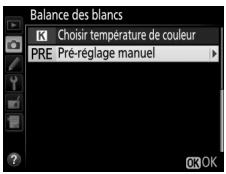 NIKON D7500 - Sélectionnez PRE (pré-réglage manuel) pour la balance des blancs dans le menu prise de vue. - 1