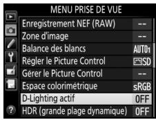 NIKON D7500 - Sélectionnez d-lighting actif dans le menu prise de vue. - 1