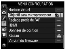 NIKON D7500 - Sélectionnez objectif sans microprocesseur dans le menu configuration. - 1