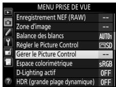 NIKON D7500 - Sélectionnez gérer le picture control dans le menu prise de vue. - 1