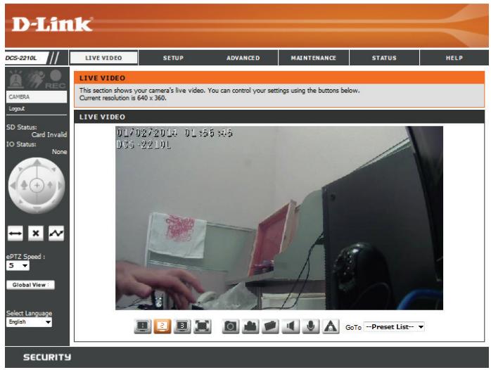 D-Link DCS-2210L LIVE VIDEO SETUP ADVANCED MAINTENANCE STATUS HELP LIVE VIDEO This section shows your camera's live video. You can control your settings using the buttons below. Current resolution is 640 x 360. LIVE VIDEO 01/02/2019 01:55:5 03:22:10L GoTo --Preset List-- SECURITY