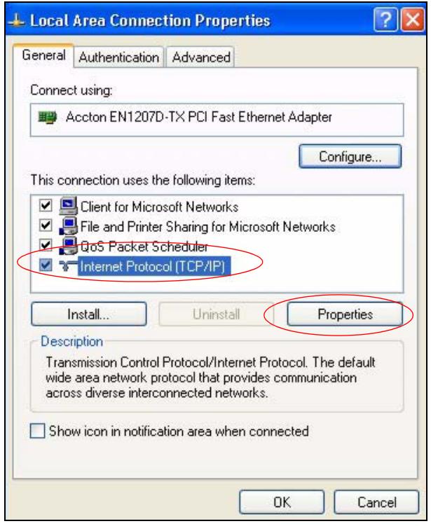 ZYXEL LTE7460 - Select Internet Protocol (TCP/IP) (under the General tab in Win XP) and then click Properties. - 1