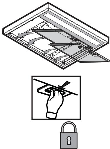 Diagram illustrating a hand holding a tool to clean a device, with an inset showing the lock mechanism.