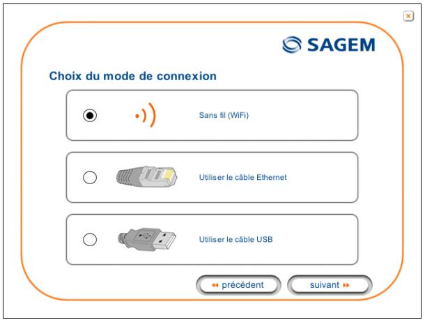 Choix du mode de connexion Sans fil (WiFi) Utiliser le câble Ethernet Utiliser le câble USB < precedent suivant >