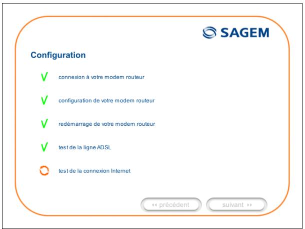 Configuration ✓ connexion à votre modem routeur ✓ configuration de votre modem routeur ✓ redémarrage de votre modem routeur ✓ test de la ligne ADSL ○ test de la connexion Internet << précédent suivant >>