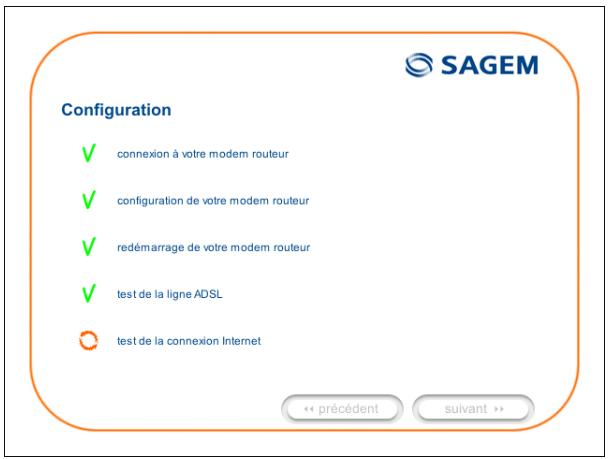 Configuration ✓ connexion à votre modem routeur ✓ configuration de votre modem routeur ✓ redémarrage de votre modem routeur ✓ test de la ligne ADSL ○ test de la connexion Internet << précédent suivant >>