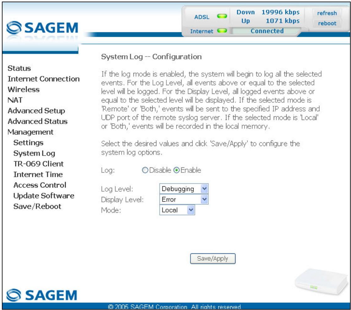 SAGEM COM FAST 2704N - Configure System Log - 1
