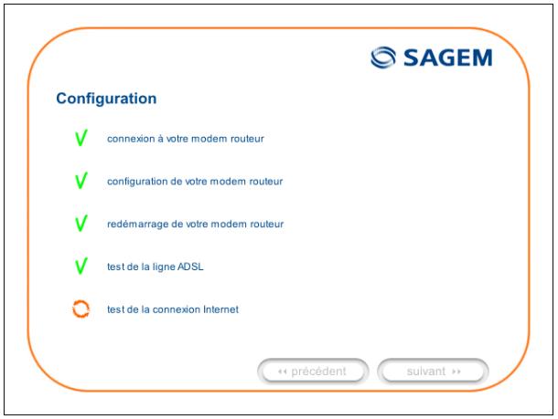 Configuration ✓ connexion à votre modem routeur ✓ configuration de votre modem routeur ✓ redémarrage de votre modem routeur ✓ test de la ligne ADSL ○ test de la connexion Internet << précédent suivant >>