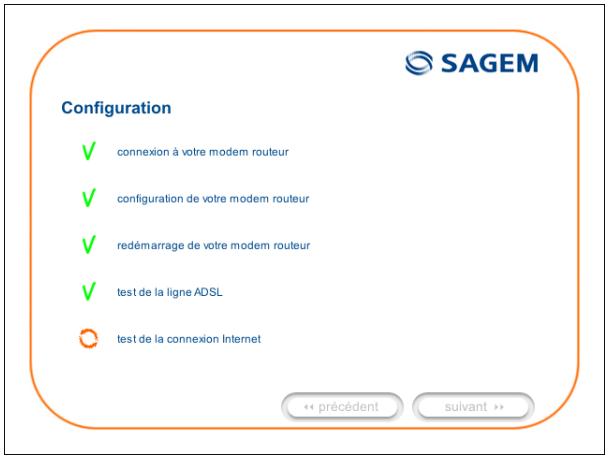 Configuration ✓ connexion à votre modem routeur ✓ configuration de votre modem routeur ✓ redémarrage de votre modem routeur ✓ test de la ligne ADSL ○ test de la connexion Internet << précédent suivant >>