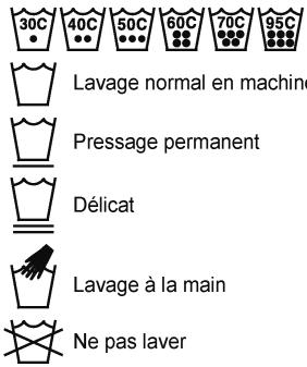 30C 40C 50C 60C 70C 95C Lavage normal en machine Pressage permanent Délicat Lavage à la main Ne pas laver