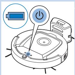 Diagram of a robotic vacuum cleaner with labeled power button and battery icon