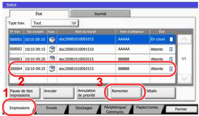 KYOCERA TASKALFA 2551CI - Sélectionner le travail qui doit devenir prioritaire et appuyer sur [remonter] - 1