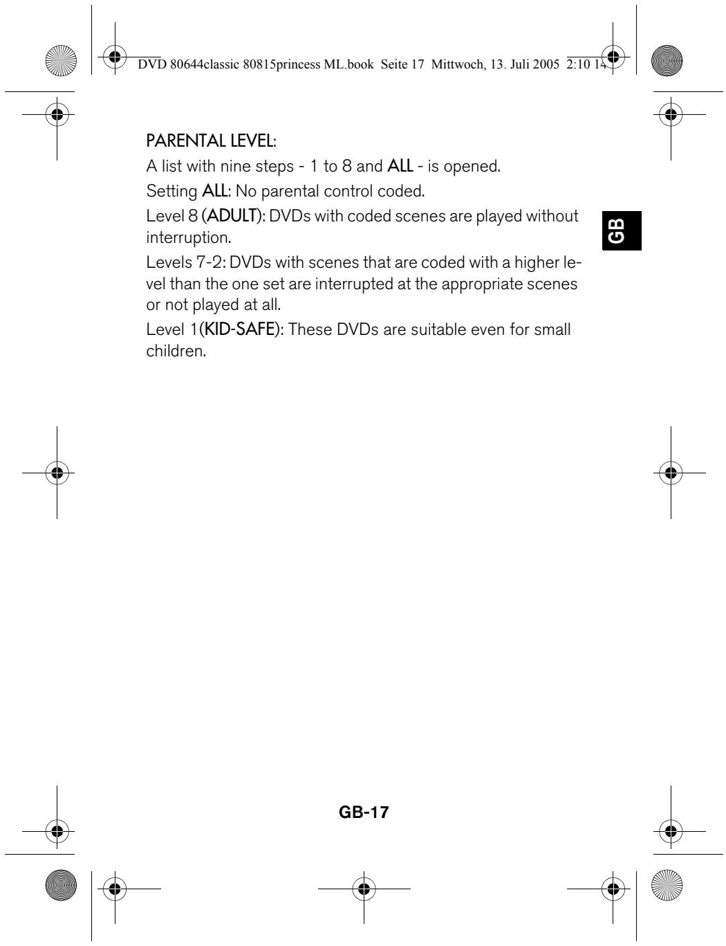 MEDION DISNEY DVD PLAYER MD 8064480815 - PARENTAL menu - 9