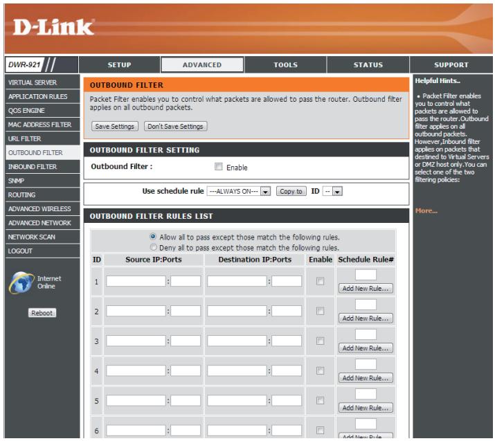 D-LINK DWR 921 4G - LISTE de règles de filtrage sortant - 1