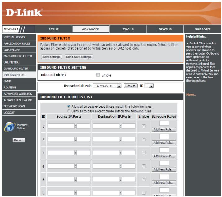 D-LINK DWR 921 4G - LISTE de règles de filtrage entrant - 1