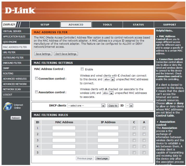 D-LINK DWR 921 4G - Règles de filtrage MAC - 1