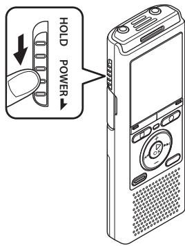 OLYMPUS VN-731PC- DNS - Faites glisser le commutateur POWER/HOLD dans le sens de la flèche pendant au moins une demi-seconde. - 1
