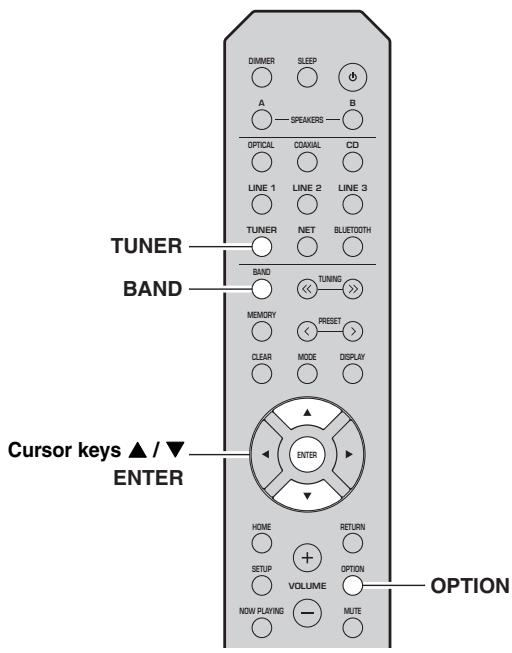 TUNER BAND Cursor keys ▲ / ▼ ENTER OPTION