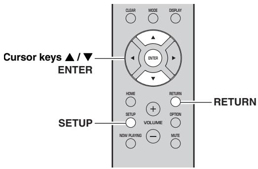 CLEAR MODE DISPLAY Cursors keys ▲ / ▼ ENTER HOME RETURN SETUP VOLUME OPTION NOW PLAYING MUTE RETURN