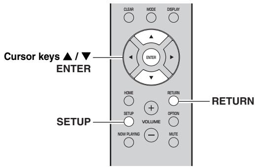 Clear MODE DEPLAY Cursor keys ▲ / ▼ ENTER HOME RETURN SETUP + VOLUME OPTION NOW PLAYING MUTE RETURN
