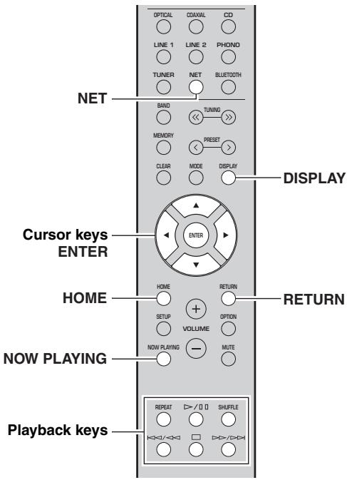 OPTICAL COAVIAL CD LINE 1 LINE 2 PHONIO TUNER NET BLUETOOTH NET BAND TUNING MEMORY RESET CLEAR MODE DISPLAY DISPLAY Cursor keys ENTER ENTER HOME RETURN SETUP OPTION VOLUME NOW PLAYING MUTE NOW PLAYING REPEAT >>/0 SHUFFLE Playback keys
