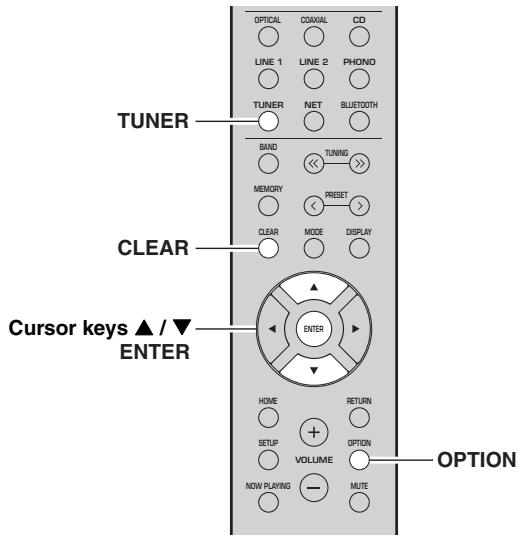 TUNER CLEAR Cursor keys ▲ / ▼ ENTER OPTION