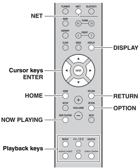 NET TUNER NET BLUOTHT BAND TUNING MEMORY RESET CLEAR MODE DISPLAY DISPLAY Cursor keys ENTER ENTER HOME RETURN SETUP VOLUME OPTION NOW PLAYING MUTE NOV PLAYING RETURN OPTION PLAYBACK keys REPEAT ▷/□ □ SHuffle H<>/<> □ D=>/D=>H