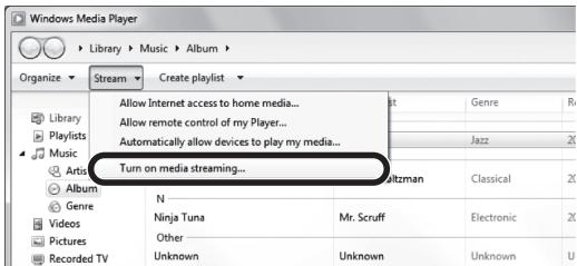Windows Media Player Library > Music > Album > Organize Stream Create playlist Allow Internet access to home media... Allow remote control of my Player... Automatically allow devices to play my media... Turn on media streaming... Genre Rx Jazz 20 Classical 20 N Ninja Tuna Mr. Scruff Electronic 20 Other Unknown Unknown Unknown U Recorded TV