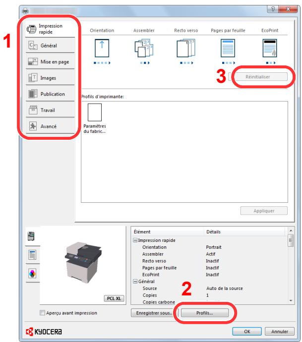 KYOCERA ECOSYS M5521CDN  -  ECOSYS M5521CDW -  ECOSYS M5526CD - Écran des propriétés du pilote d'imprimante - 1