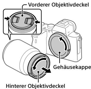 SONY ALPHA A7 III - Nehmen Sie die Gehäusekappe von der Kamera und den hinteren Objektivdeckel von der Rückseite des Objektivs ab. - 1