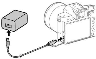 SONY ALPHA A7 III - Kytke kamera akkuineen vaihtovirtasovittimeen (mukana) USB-kaapelilla ja kytke sitten vaihtovirtasovitin pistorasiaan. - 1