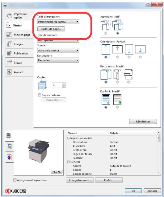 KYOCERA ECOSYS M2635DN  -  ECOSYS M2640IDW - Sélectionner le format de papier et le type de papier au format non standard. - 2