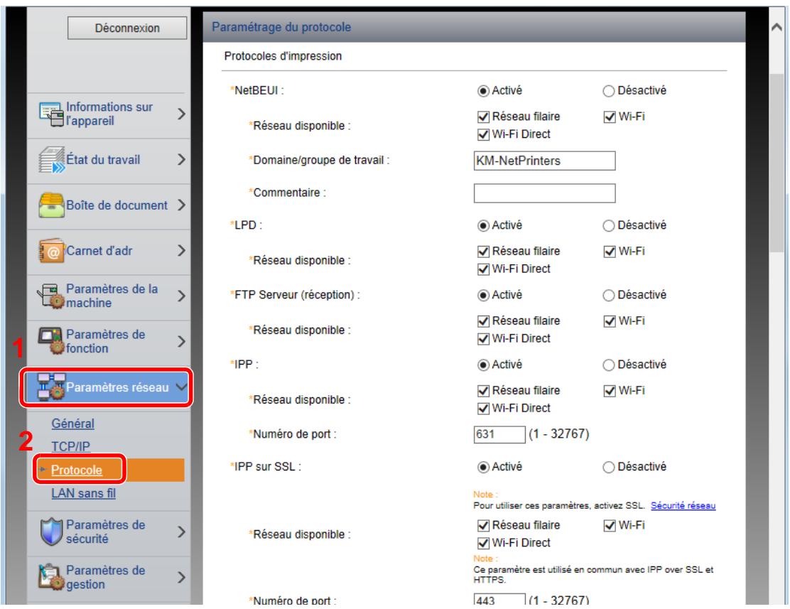 KYOCERA ECOSYS M2040DN - Dans le menu [Paramètres réseau], cliquer sur [Protocole]. - 1