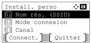 Install. perso 01 Nom rés. (SSID) 02 Mode connexion 03 Canal [Connect.] [ Quitter ]