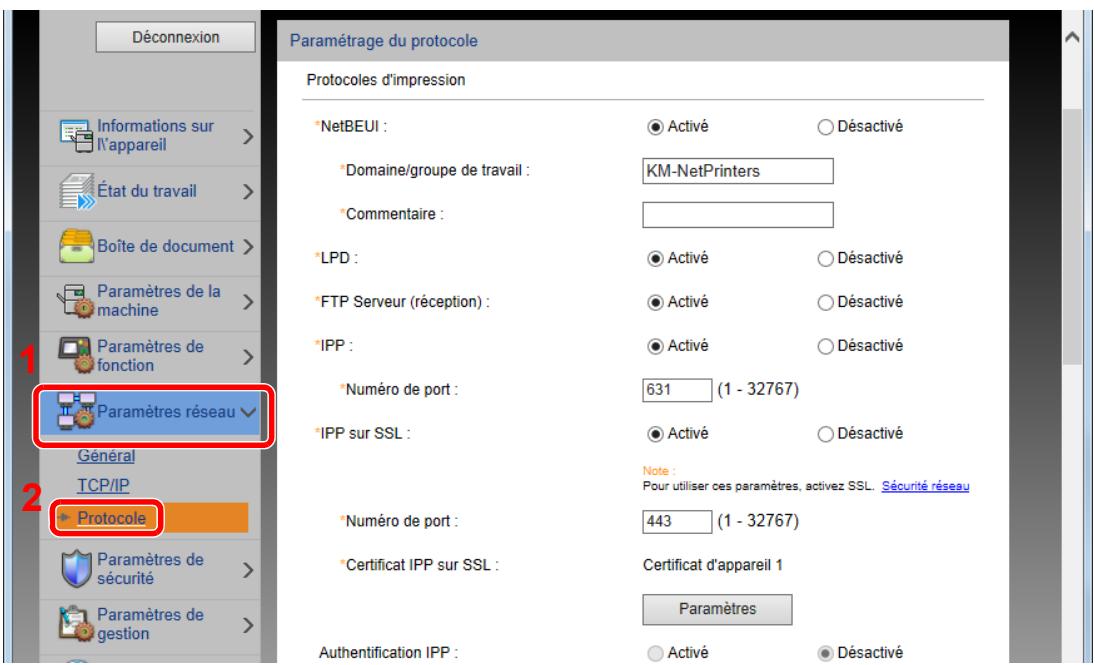 KYOCERA FS-C8520MFP  -  FS-C8525MFP - Dans le menu [Paramètres réseau], cliquer sur [Protocole]. - 1