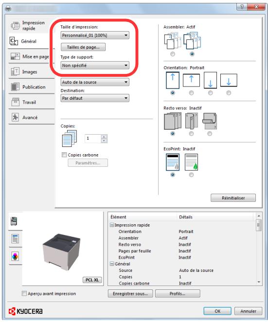 KYOCERA ECOSYS P6021CDN  -  ECOSYS P6130CDN -  ECOSYS P6235CDN - Sélectionner le format de papier et le type de papier au format non standard. - 2
