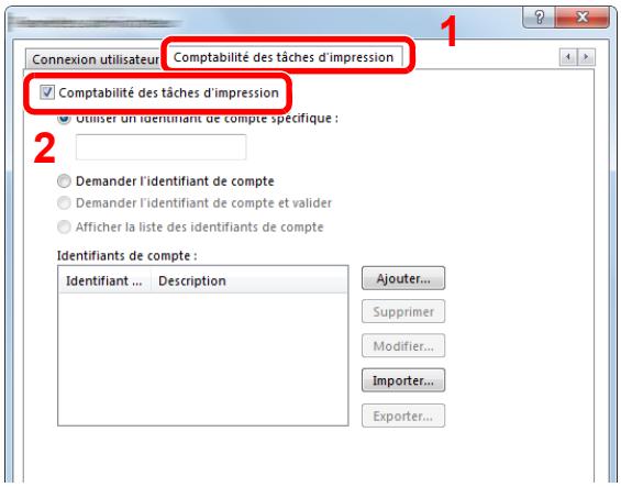 Connexion utilisateur Comptabilité des tâches d'impression Comptabilité des tâches d'impression Utiliser un identifiant de compte spécifique : Demander l'identifiant de compte Demander l'identifiant de compte et valider Afficher la liste des identifiants de compte Identifiants de compte : Identifiant ... Description Ajouter... Supprimer Modifier... Importer... Exporter...