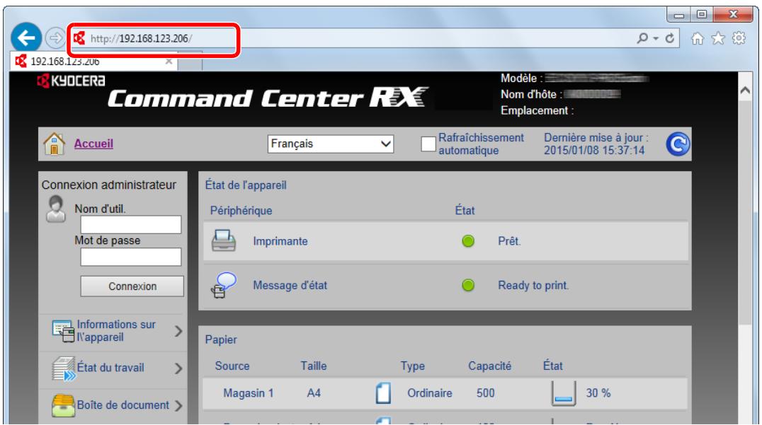 http://192.168.123.206/ 192.168.123.206 KYOCERA Command Center RX Accueil Français Rafraîchissement automatique Dernière mise à jour : 2015/01/08 15:37:14 Connexion administrateur Nom d'util. Mot de passe Connexion État de l'appareil Périphérique État Imprimante Prêt. Message d'état Ready to print. Informations sur l'appareil > État du travail > Boîte de document > Papier Source Taille Type Capacité État Magasin 1 A4 Ordinaire 500 30 %
